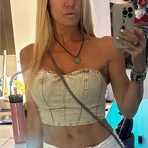 Stylish Cream Strapless denim crop Top